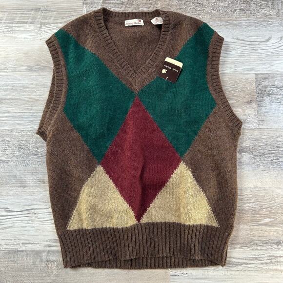 NWT Stanley Blacker Wool Sweater Vest L Argyle Brown Green Shetland Made Italy - Picture 1 of 6